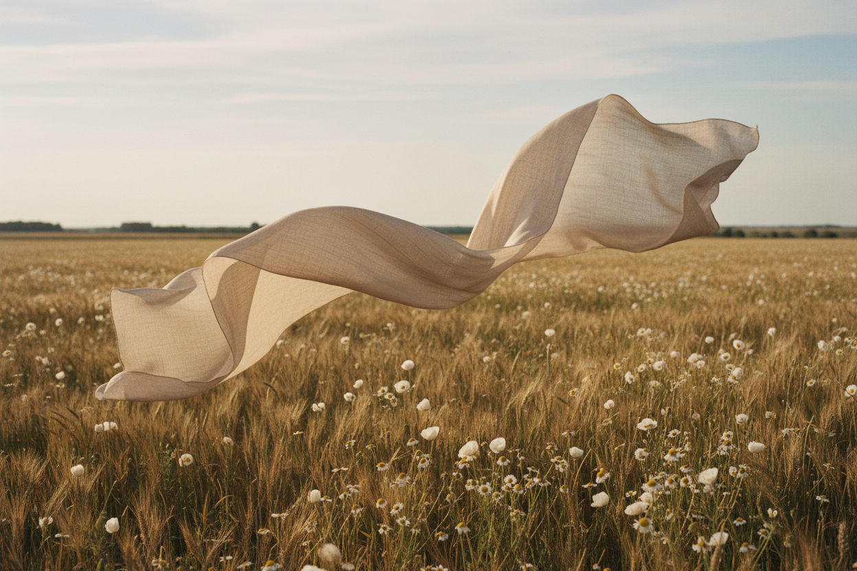 Ein beiger schaal der durch felder schwebt es soll Luxeriös und modeisch sein phne menschen 