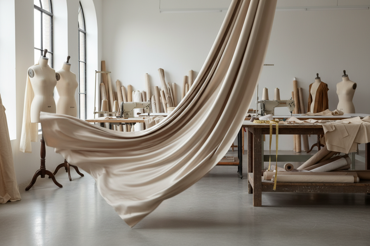 Trapierter beiger Satin in Mode Atelier ohne menschen 